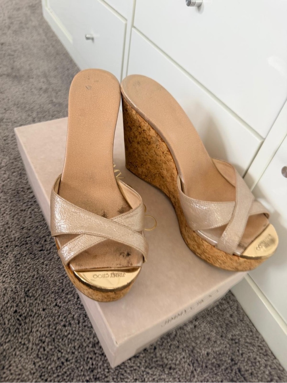 Jimmy Choo Nude Metallic Leather Cork Wedge Sandals